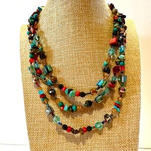 Multi-color Genuine Gemstone & Acrylic Bead Necklace, multistrand red blue brown